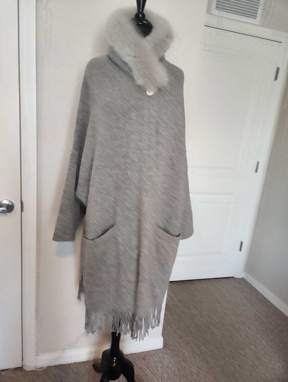 Women's Gray Fringe Poncho with Faux Fur Collar